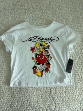 Ed Hardy Women’s White Crop Top True To My Love NWT